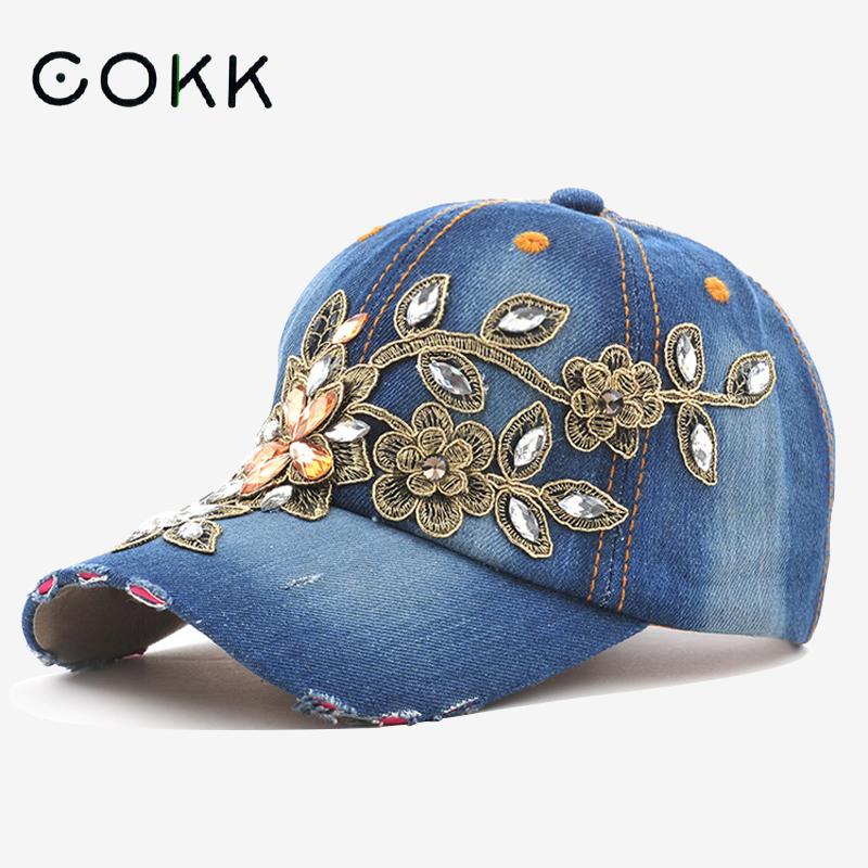 Embroidery Jeans Sakura - Cokk-女性の野球帽、刺embroidery花、デニムバックハット、女性のカウボーイ帽子、夏の日よけ帽、ダイヤモンド絵画