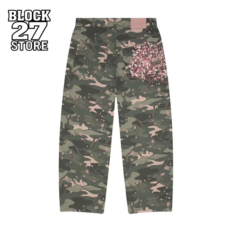 Embroidery Jeans Sakura - メンズジーンズ Y2K 桜刺繍迷彩デニムパンツ原宿ユニセックスルーズフィットストレートレッグワイドストリートウェアファッショントレンド到着