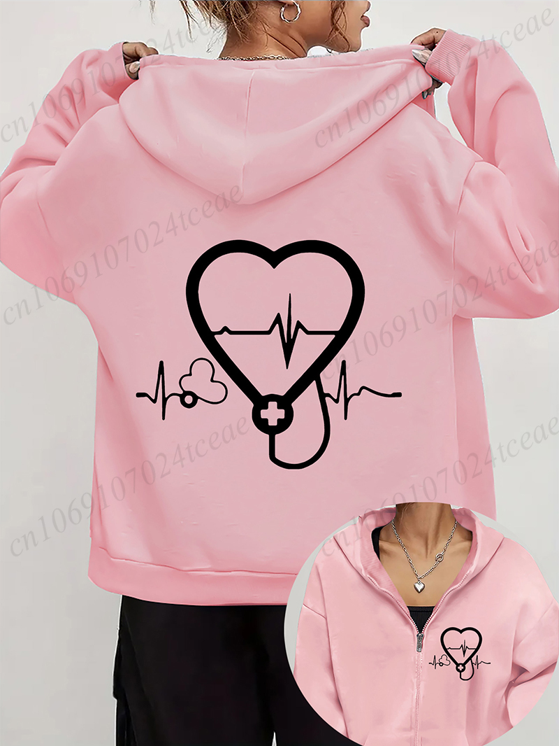 Embroidery Zip Up Hoodie - 女性の秋冬パーカー聴診器心電図プリントジッパーフード付きジャケット看護ジッパーポケットスウェットシャツナースライフアウター