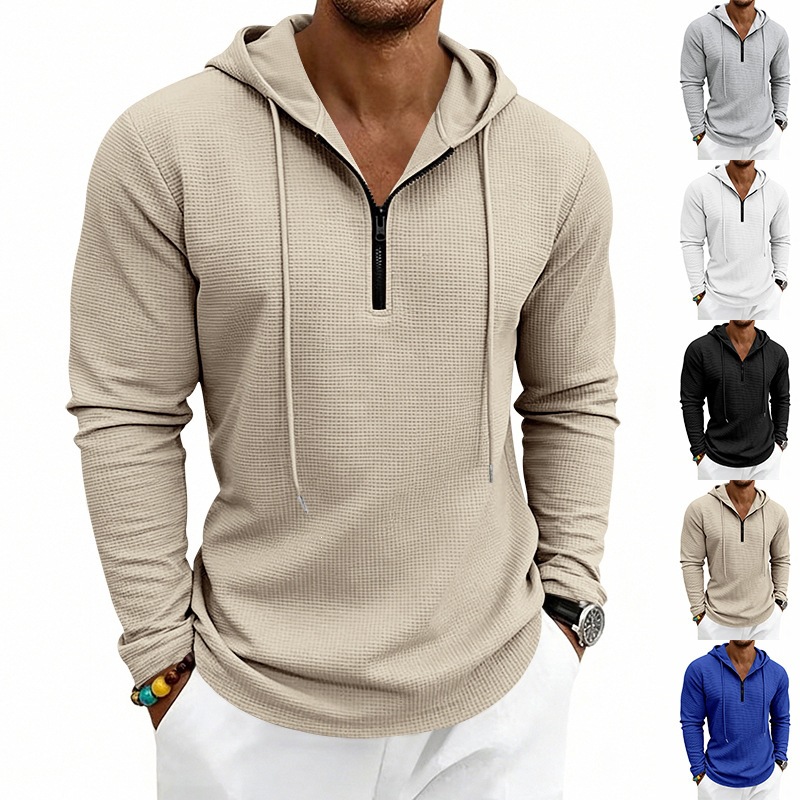 Embroidery Zip Up Hoodie - メンズワッフルニットハーフジップフーディー、ドローストリング付き長袖プルオーバー、カジュアル軽量フード付きトップス
