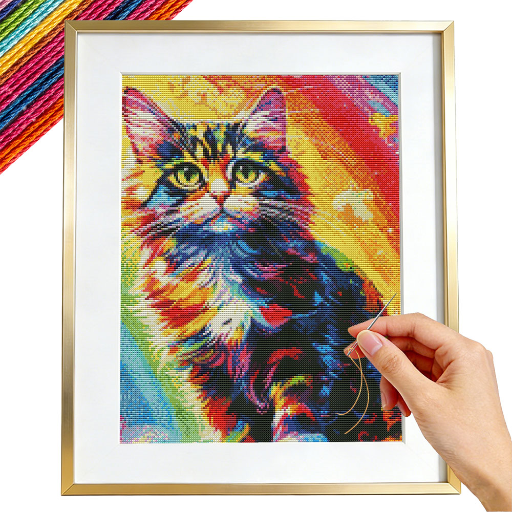 Embroidery Guide Paper - 11CT クロスステッチ猫カラフルな動物刺繍キットガイド初心者のための針仕事工芸品プリントキャンバス家の装飾