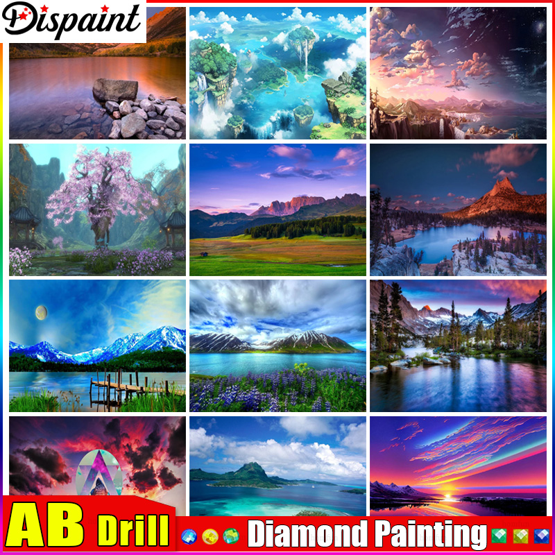 Embroidery Roll Pattern - Dispaint AB ダイヤモンド絵画フルスクエア/ラウンドダイヤモンド「リバーサンセットツリー」パターン刺繍クロスステッチ 5D ラインストーン絵画