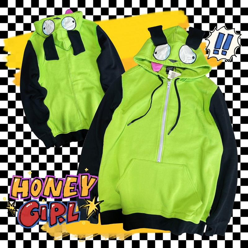 Embroidery Zip Up Hoodie - アニメインベーダーコスプレ衣装コートエイリアン Zim パーカージャケットフード付きジップアッププルオーバースウェット耳ハロウィン