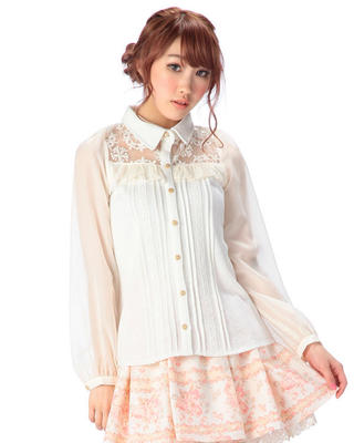 Embroidery Organza - 日本のリザ-シルクシフォンシャツ,長袖,刺knitted,レース,ニット