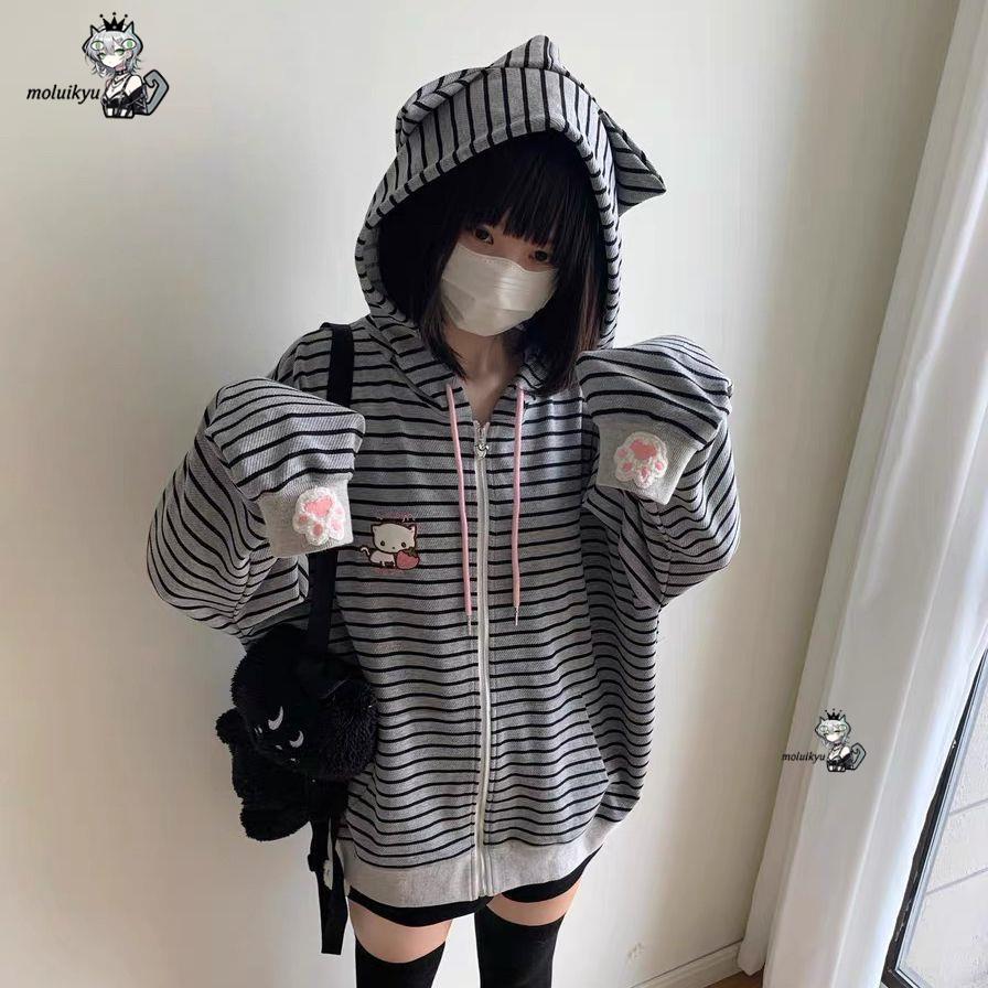 Embroidery Zip Up Hoodie - Y2K 女性ストライプジップアップジャケットかわいい猫耳パーカーかわいい猫足刺繍美的日本原宿ストリートスウェットシャツ