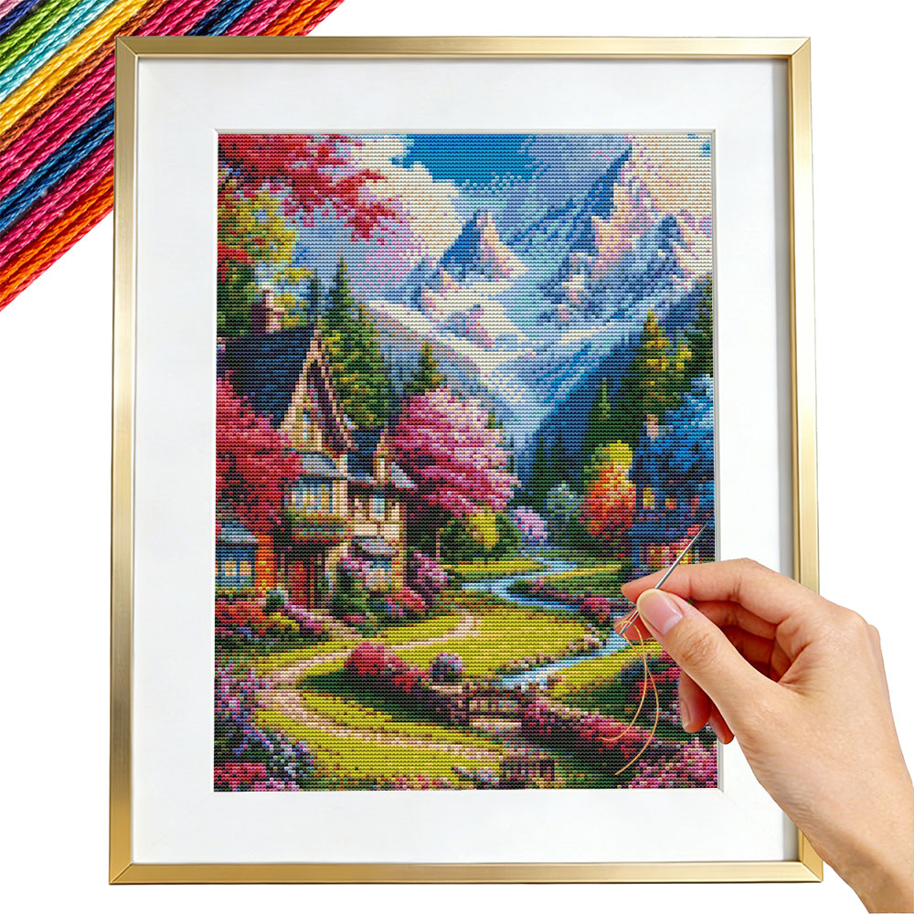 Embroidery Guide Paper - 刺繍キットハウス風景ノベルティクロスステッチマウンテンガイド初心者向け針仕事プリントキャンバス11CT家の装飾