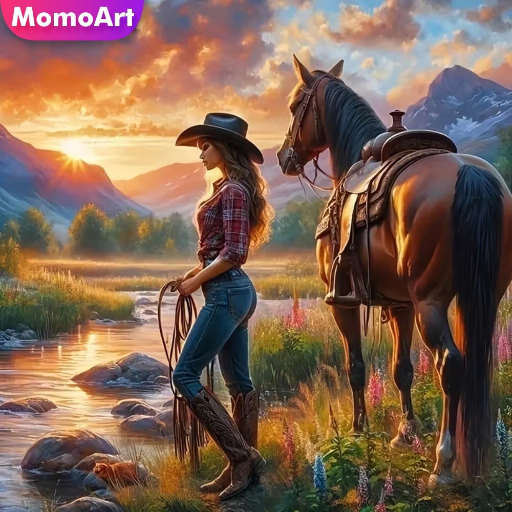 Embroidery Horse - Momoart ダイヤモンド刺繍女性ポートレート絵画馬フルスクエアラウンドダイヤモンドモザイク川 DIY 新着装飾家庭用