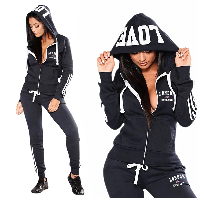 Embroidery Zip Up Hoodie - スポーツカジュアルデイリー高品質レディースジャージ上下セット、女性用ジョギング快適ジップアップパーカー、アウトドアスリムフィット