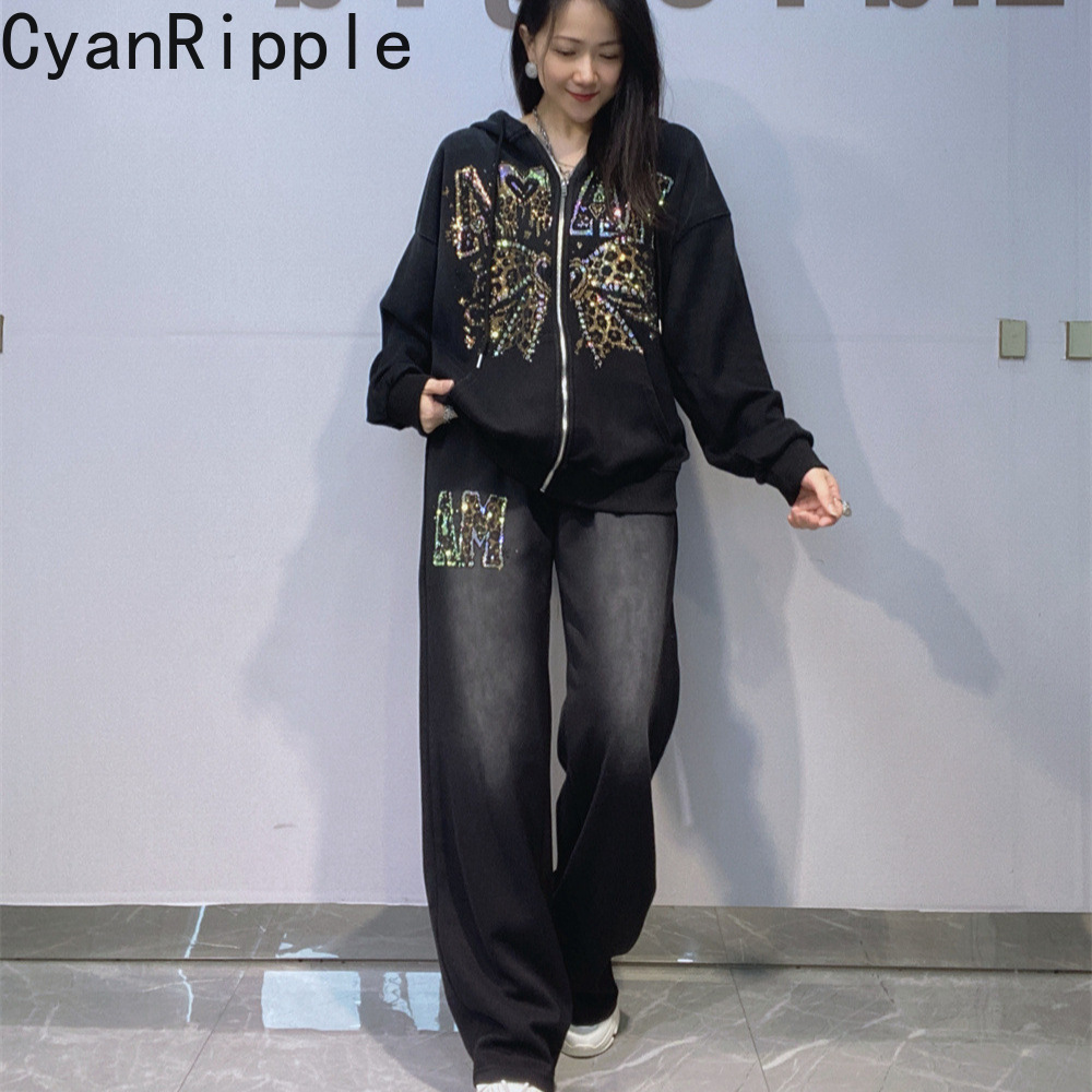 Embroidery Zip Up Hoodie - トレンドの秋冬レディースフーディセット、ラグジュアリーなホットダイヤモンド付きフード付きジップカーディガンコート+伸縮性ウエストのカジュアルワイドレッグスポーツパンツ