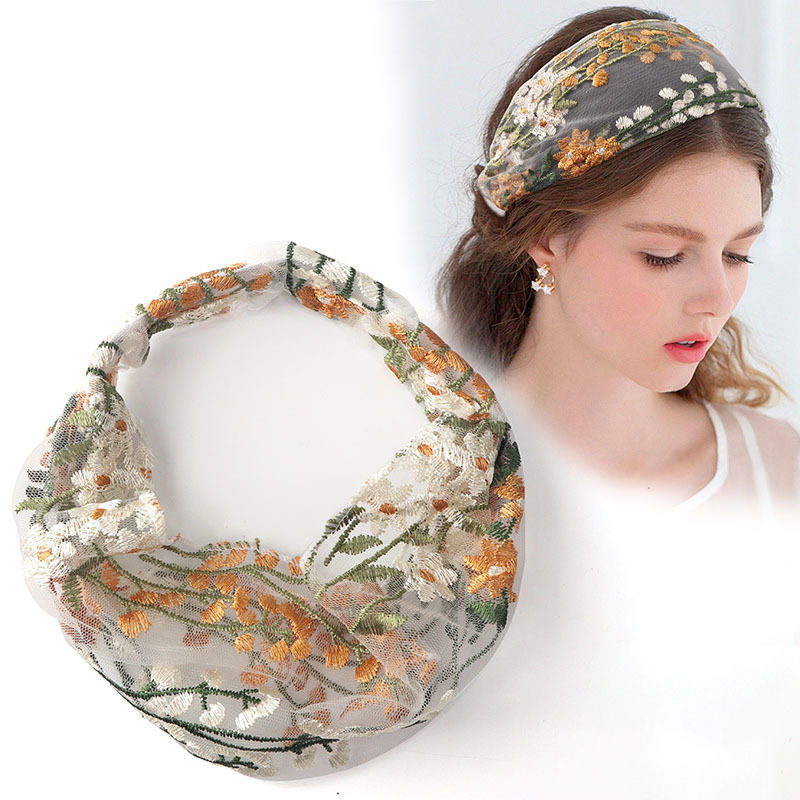 Embroidery Knot - 女性のためのエスニックスタイルのヘッドバンド,花の刺繍が施された伸縮性のあるレースのヘッドバンド,女性のためのシフォンラップアラウンドベゼル,クロスノットヘアアクセサリー