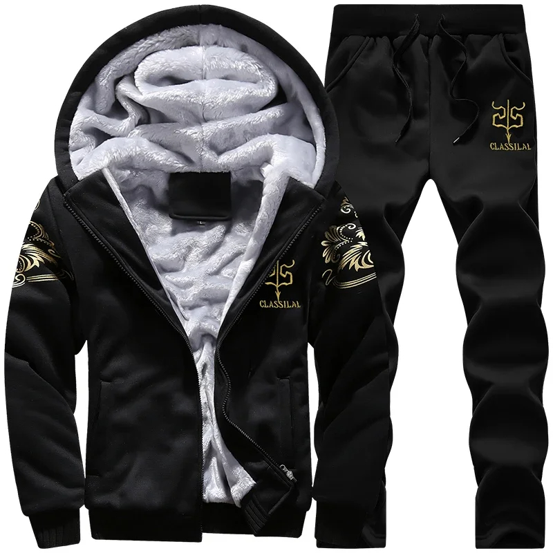 Embroidery Zip Up Hoodie - 秋冬メンズスポーツセットカジュアルフード付きカーディガンジャケット屋外厚く暖かいトラックスーツ男性ジップアップパーカー + パンツ 2 点セット
