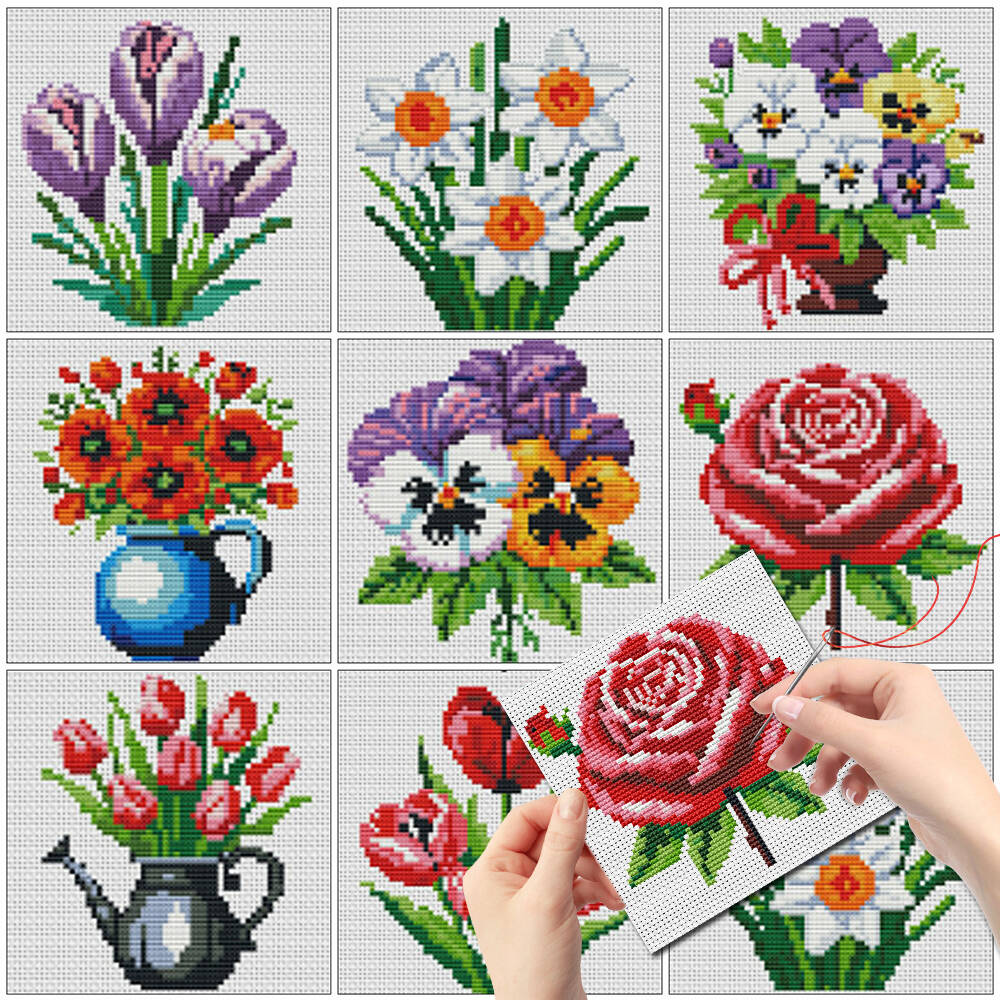 Embroidery X Pattern - Evershine 8 個ミニフラワークロスステッチ花瓶パターンフレームなしプリントキャンバス新着刺繍ローズユリデザイン子供ギフト