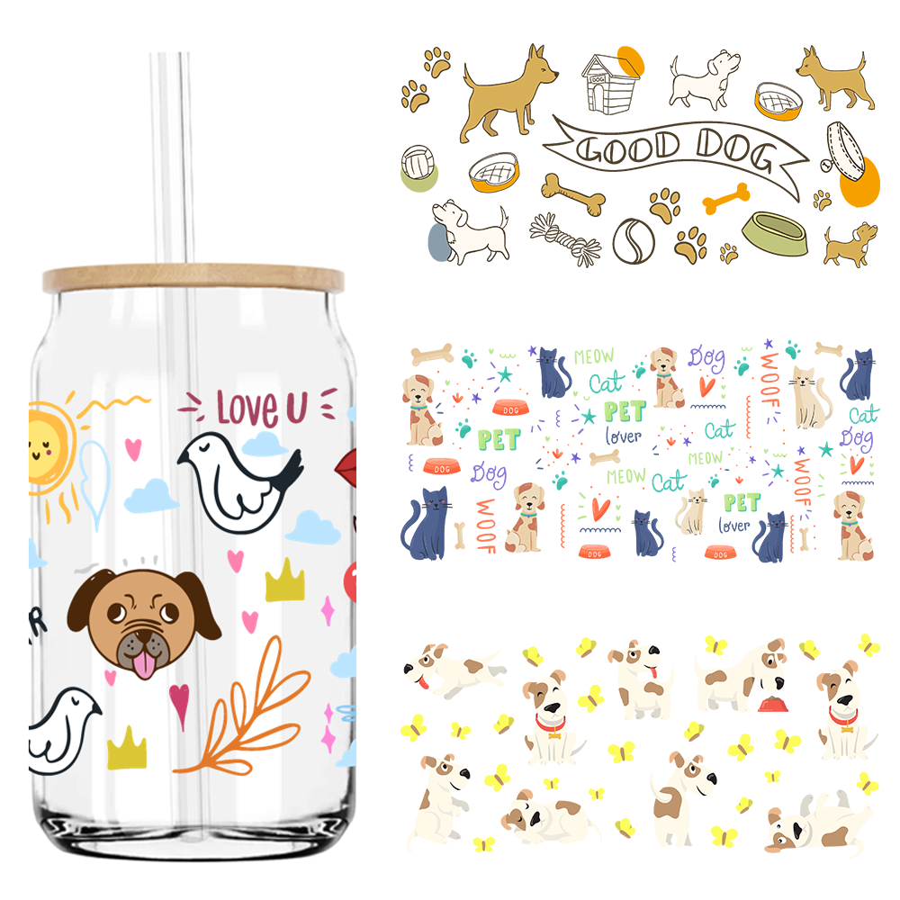 Embroidery H&M - かわいい犬のおやつ ペットライフ UV DTF ステッカー 16オンスのリビーグラスカップ用