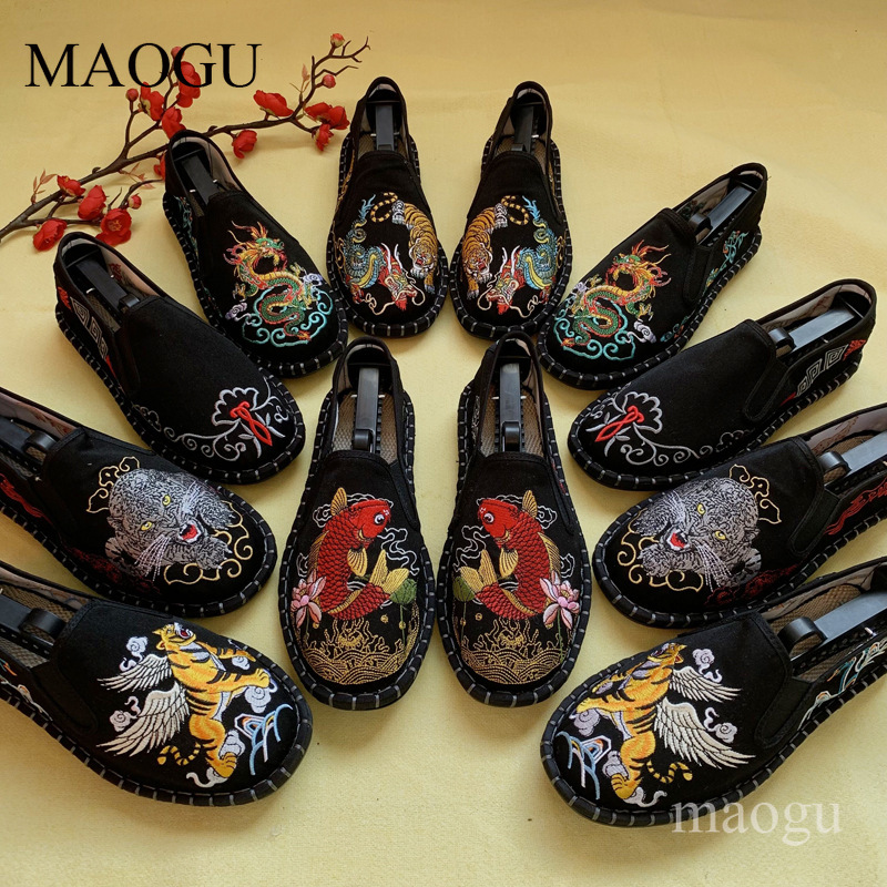 Embroidery Stitch - ユニセックス中国風刺繍スリッポンシューズ、龍虎柄ステッチソールフラットローファー、伝統的なカジュアルメンズ・レディースシューズ
