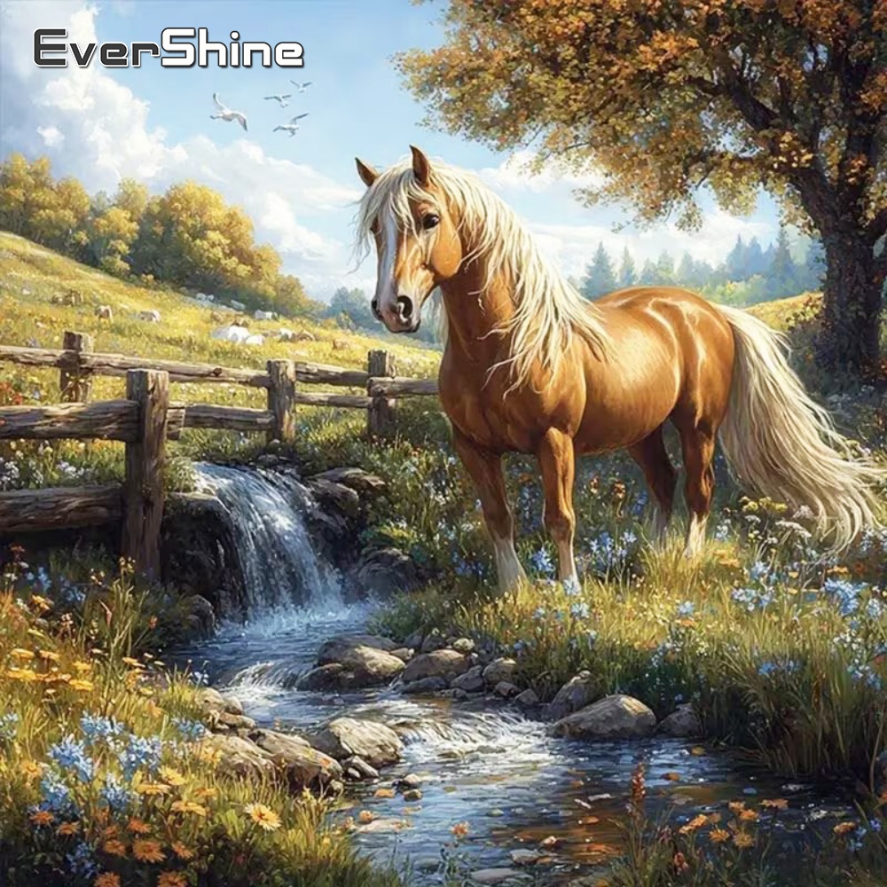 Embroidery Horse - EverShine DIY 馬ダイヤモンド絵画動物刺繍フルスクエアラウンドダイヤモンドモザイク川キット針仕事子供の趣味