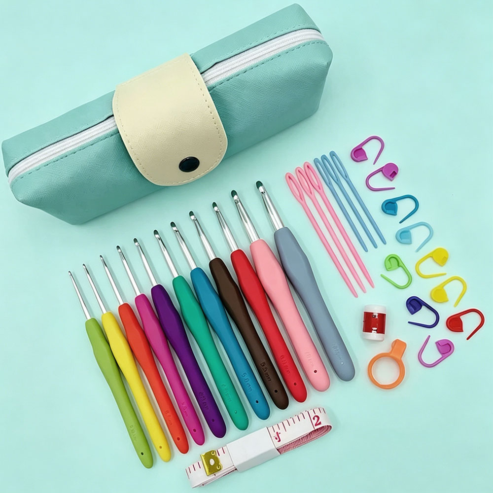 Embroidery Needles - 37個のかぎ針編みフックキット、収納バッグ付き、ソフトハンドルのかぎ針、編み針セット、初心者向けDIY縫製織りツール