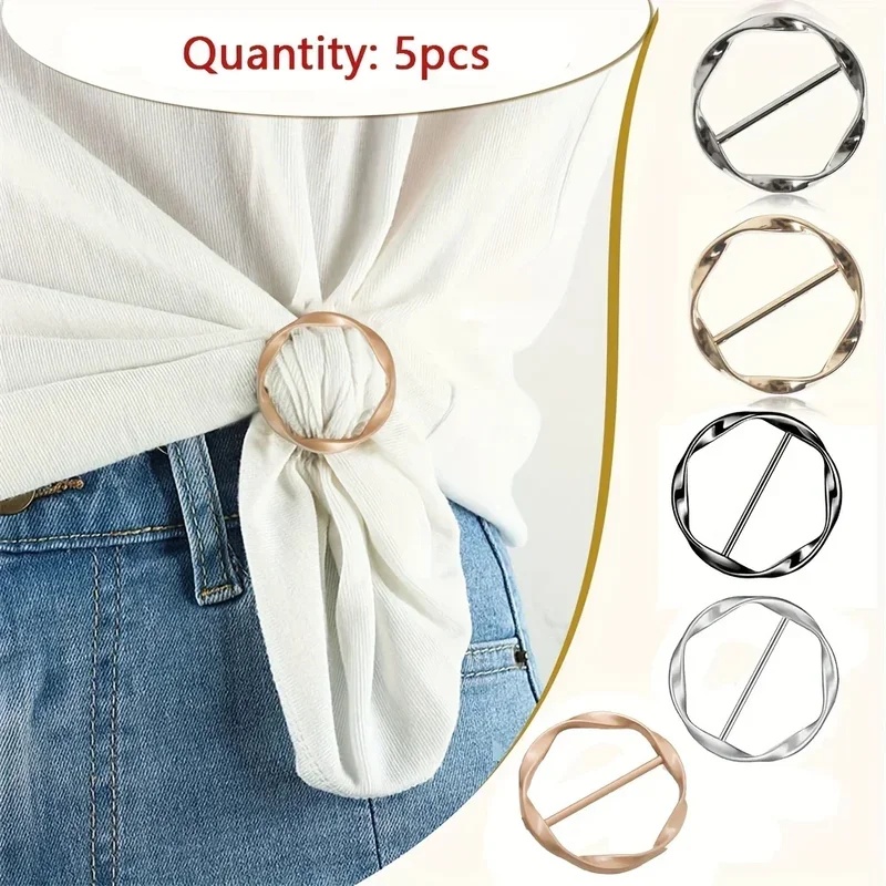 Embroidery Knot - 5 個のファッションメタルラウンドサークルクリップバックルショール T シャツタイクリップブローチウエストバックル多用途衣類リングラップホルダー