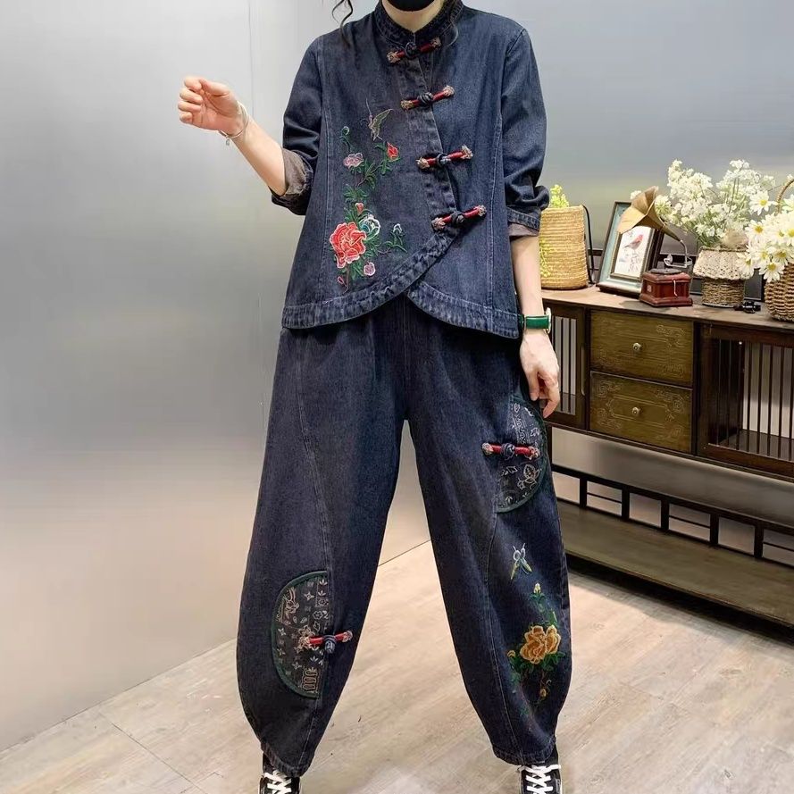 ゆったりとした花の刺繍が施された女性用デニムセット,2ピース - Embroidery Class のレビューと価格