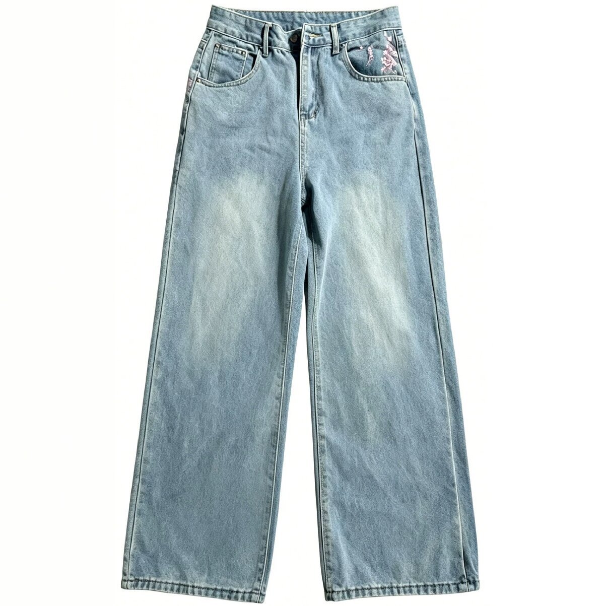ハイウエストルーズストレートジーンズ ティーン向け カジュア - Embroidery Jeans Sakura のレビューと価格