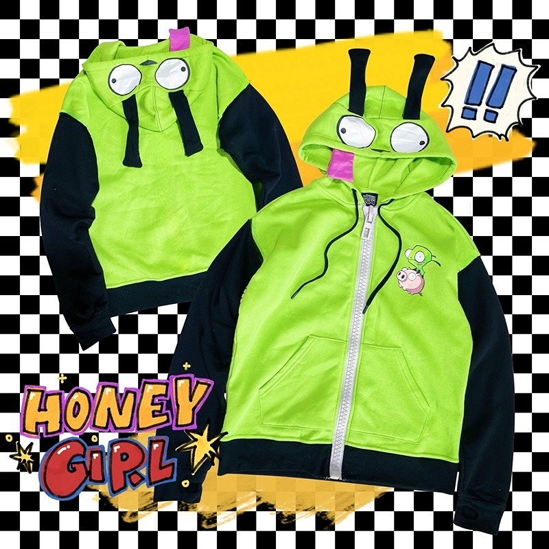 アニメインベーダーコスプレ衣装コートエイリアン Zim パー - Embroidery Zip Up Hoodie のレビューと価格