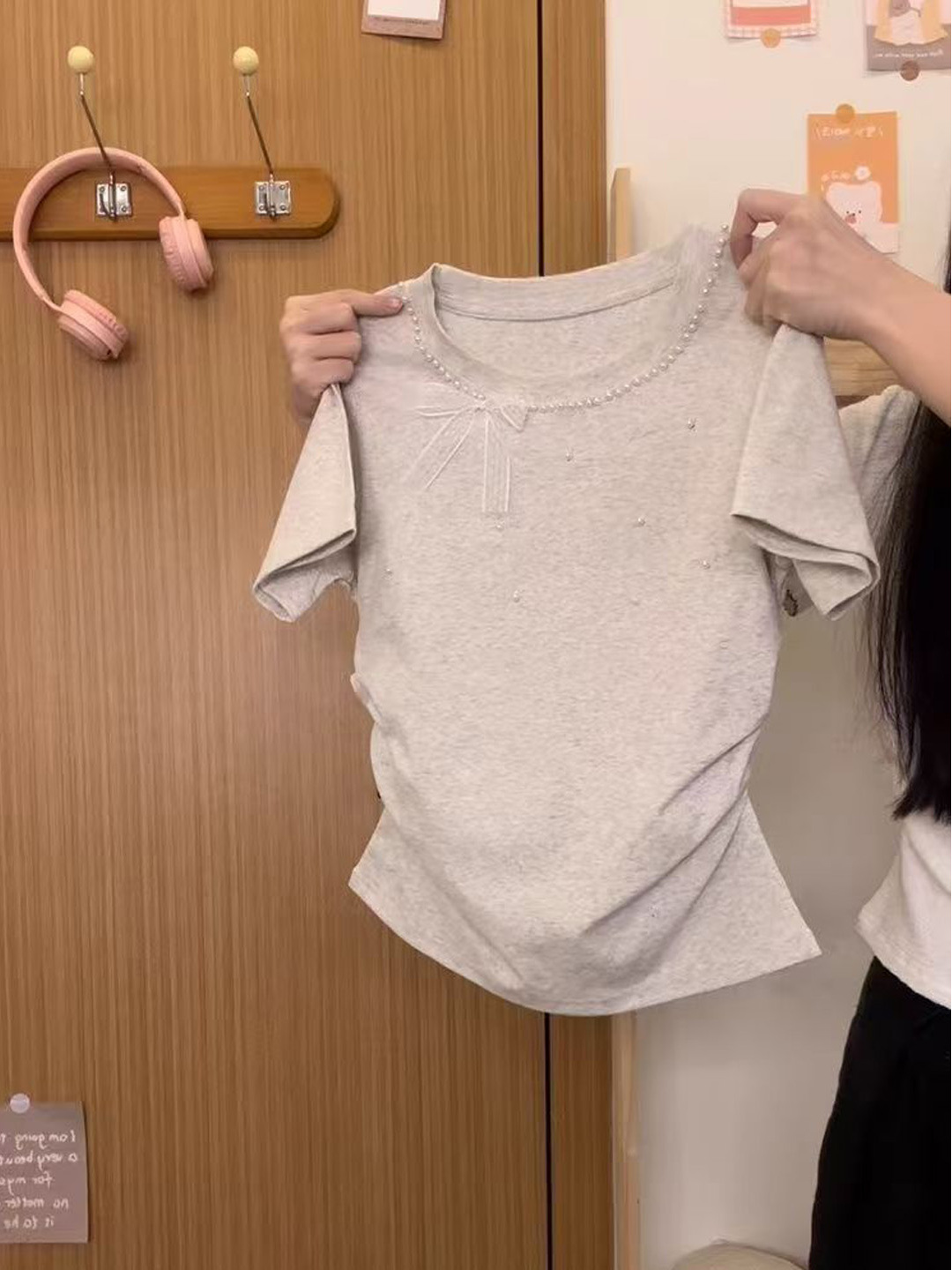 韓国風レース結びショートスリーブラウンドネックレディースTシ - Embroidery Knot のレビューと価格