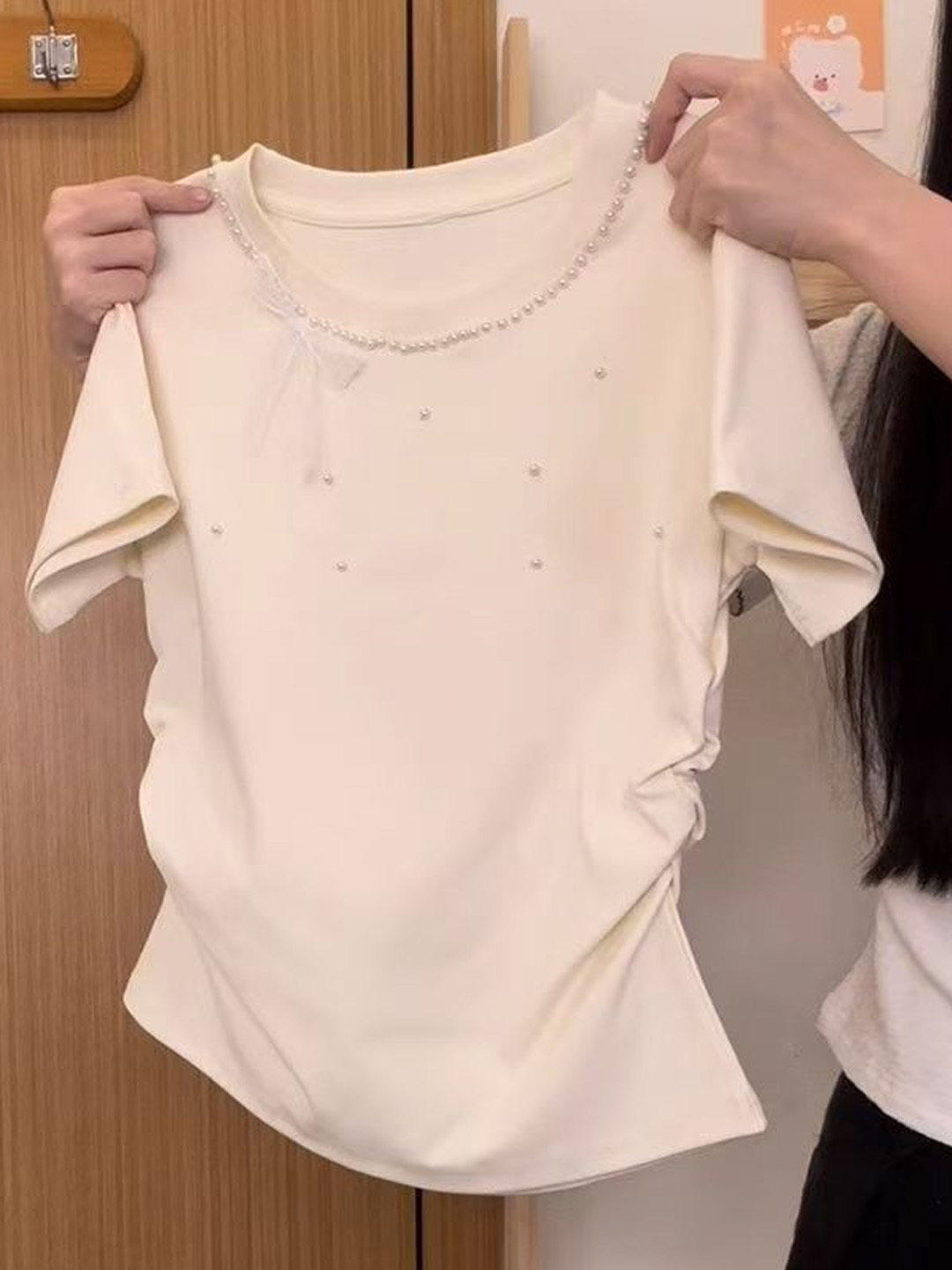 韓国風レース結びショートスリーブラウンドネックレディースTシ - Embroidery Knot のレビューと価格