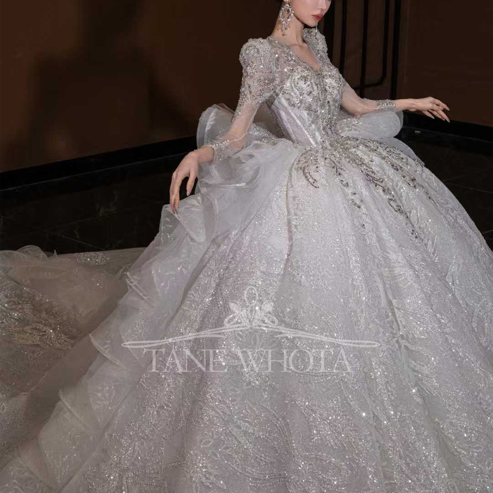 高級 V ネック ウェディング ドレス 長袖 レースアップ  - Embroidery Organza のレビューと価格
