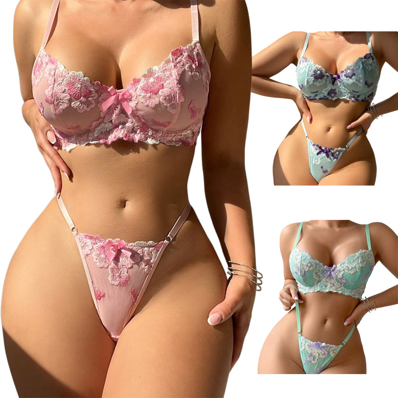 刺繍入りピンクの花柄ロマンチックな刺繍セクシーランジェリーセ - Embroidery Underwear のレビューと価格