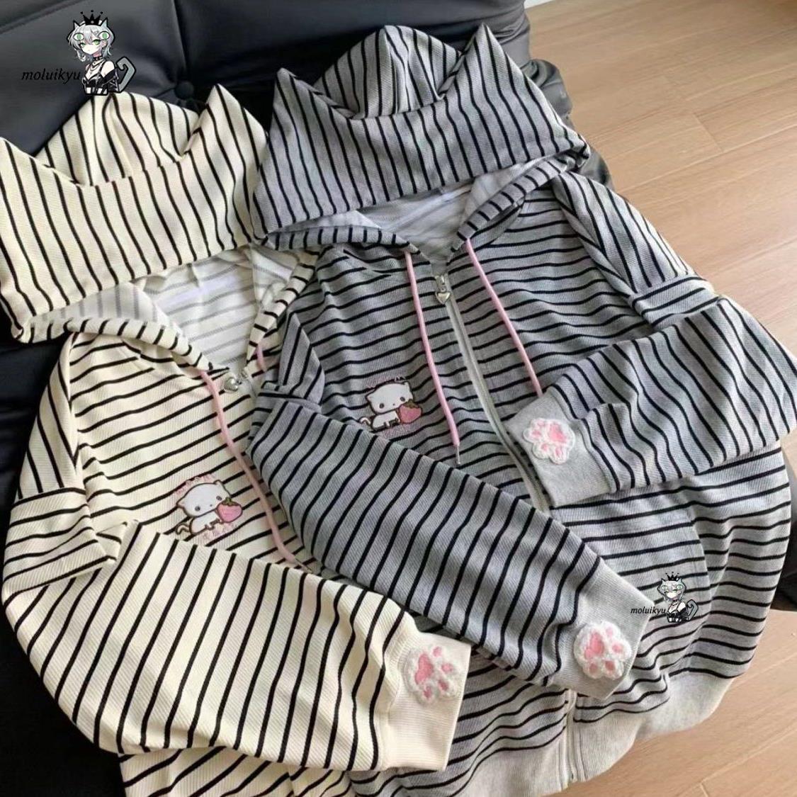 Y2K 女性ストライプジップアップジャケットかわいい猫耳パー - Embroidery Zip Up Hoodie のレビューと価格
