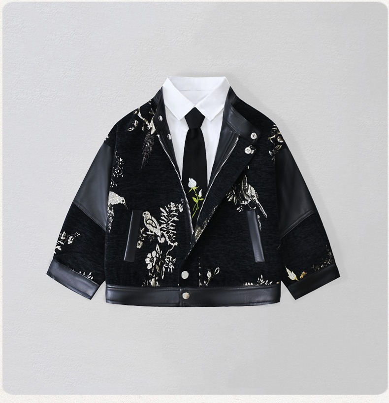 紳士風キッズ刺繍入りバイク用PUレザージャケット 男の子用  - Embroidery Class のレビューと価格