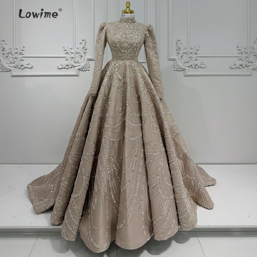 レトロなライトブラウンのムスリム向けイブニングドレス、ビーズ - Embroidery Organza のレビューと価格