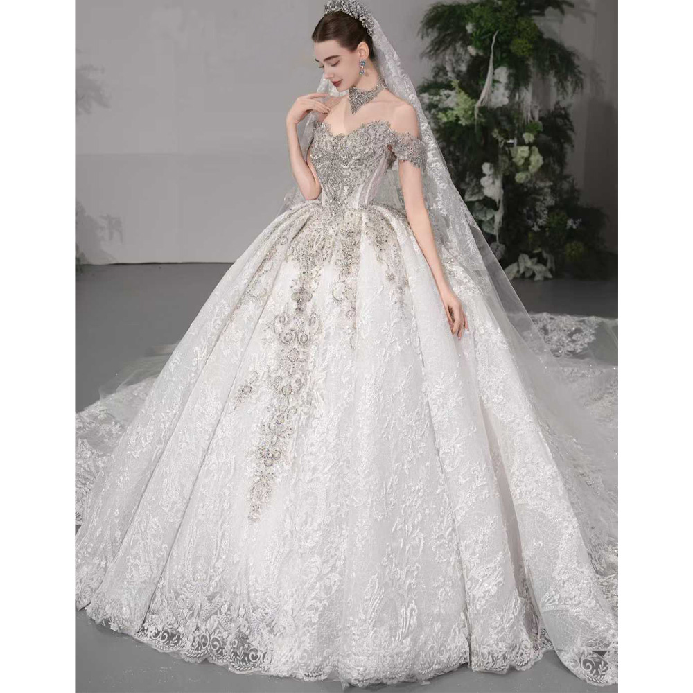 豪華なオフショルダー・スイートハート・ウェディングドレス 2 - Embroidery Organza のレビューと価格