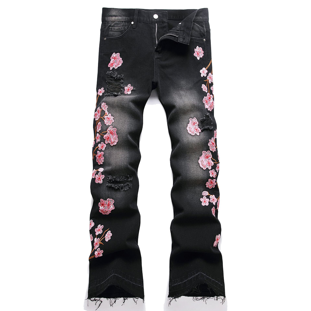 メンズ桜刺繍デニムジーンズストリートウェアブーツカットパンツ - Embroidery Jeans Sakura のレビューと価格