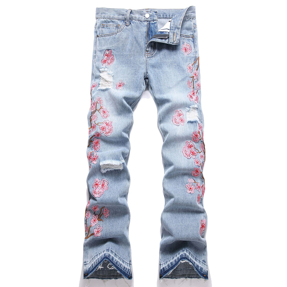 男性花刺繍デニムジーンズストリートライトブルーブーツカットパ - Embroidery Jeans Sakura のレビューと価格