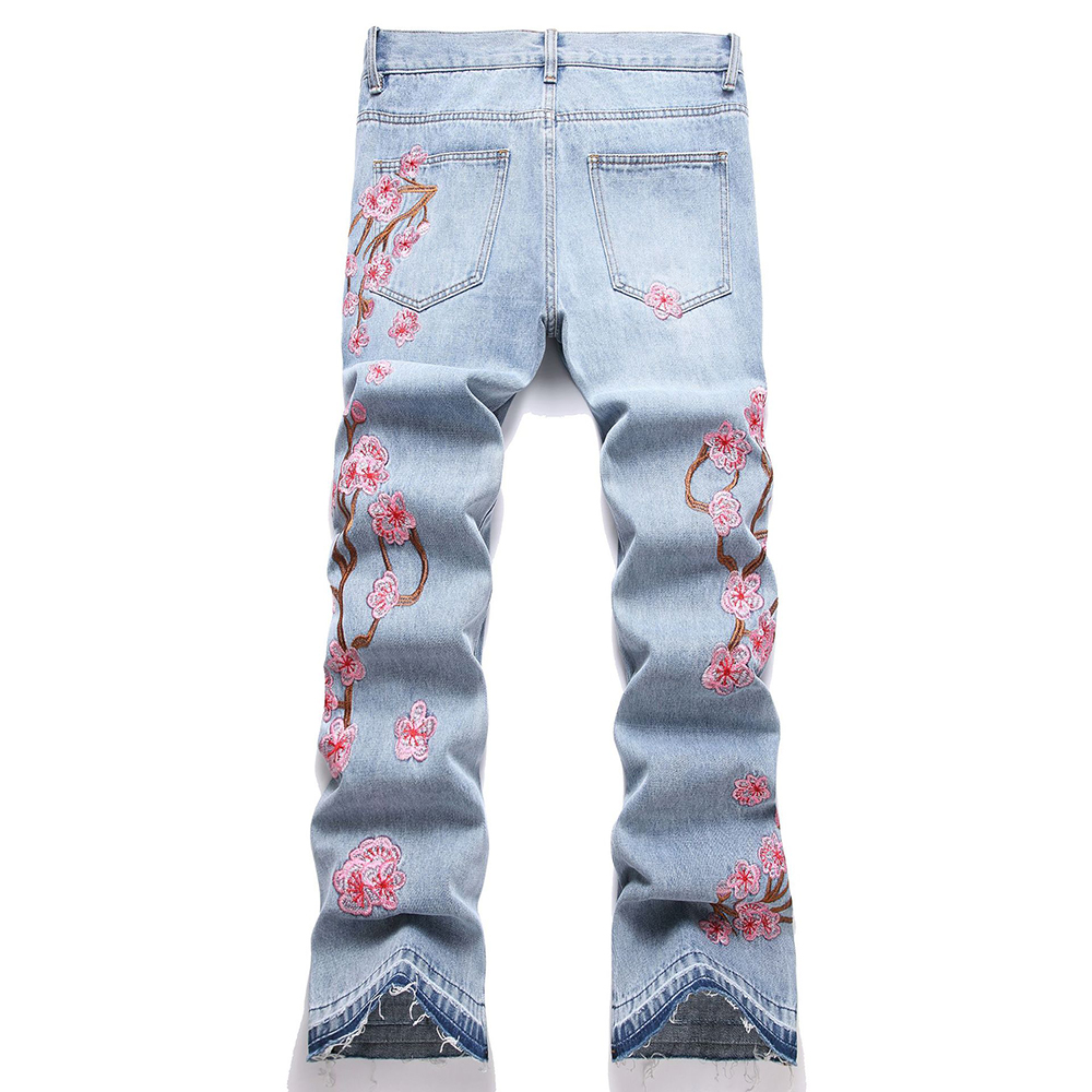 男性花刺繍デニムジーンズストリートライトブルーブーツカットパ - Embroidery Jeans Sakura のレビューと価格