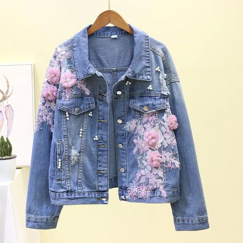 2022 新刺繍デニムショートジャケット女性春秋アップリケダ - Embroidery Jeans Sakura のレビューと価格