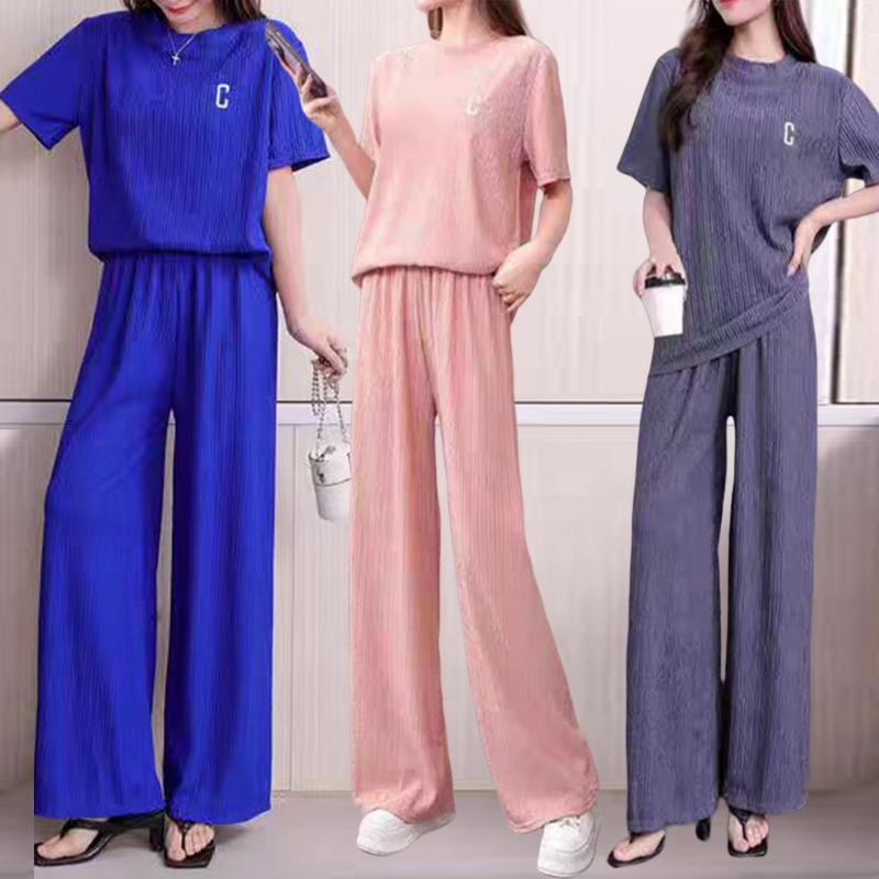 女性用半袖トップスとワイドレッグパンツのセット,カジュアルな - Embroidery Class のレビューと価格