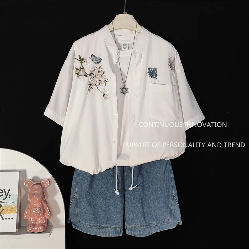 メンズ3点セット 中華風刺繍半袖シャツ タンクトップ デニム - Embroidery Outfit のレビューと価格