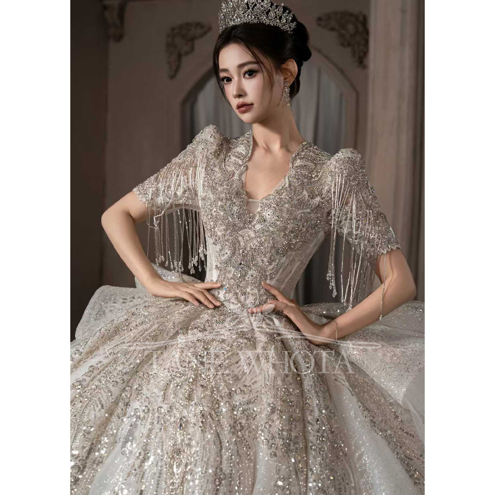 高級スカラップショートスリーブビーズスパンコールボールガウン - Embroidery Organza のレビューと価格