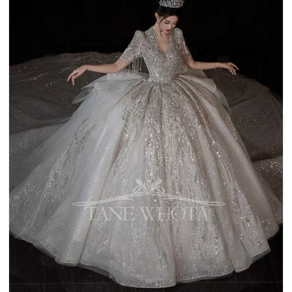 高級スカラップショートスリーブビーズスパンコールボールガウン - Embroidery Organza のレビューと価格