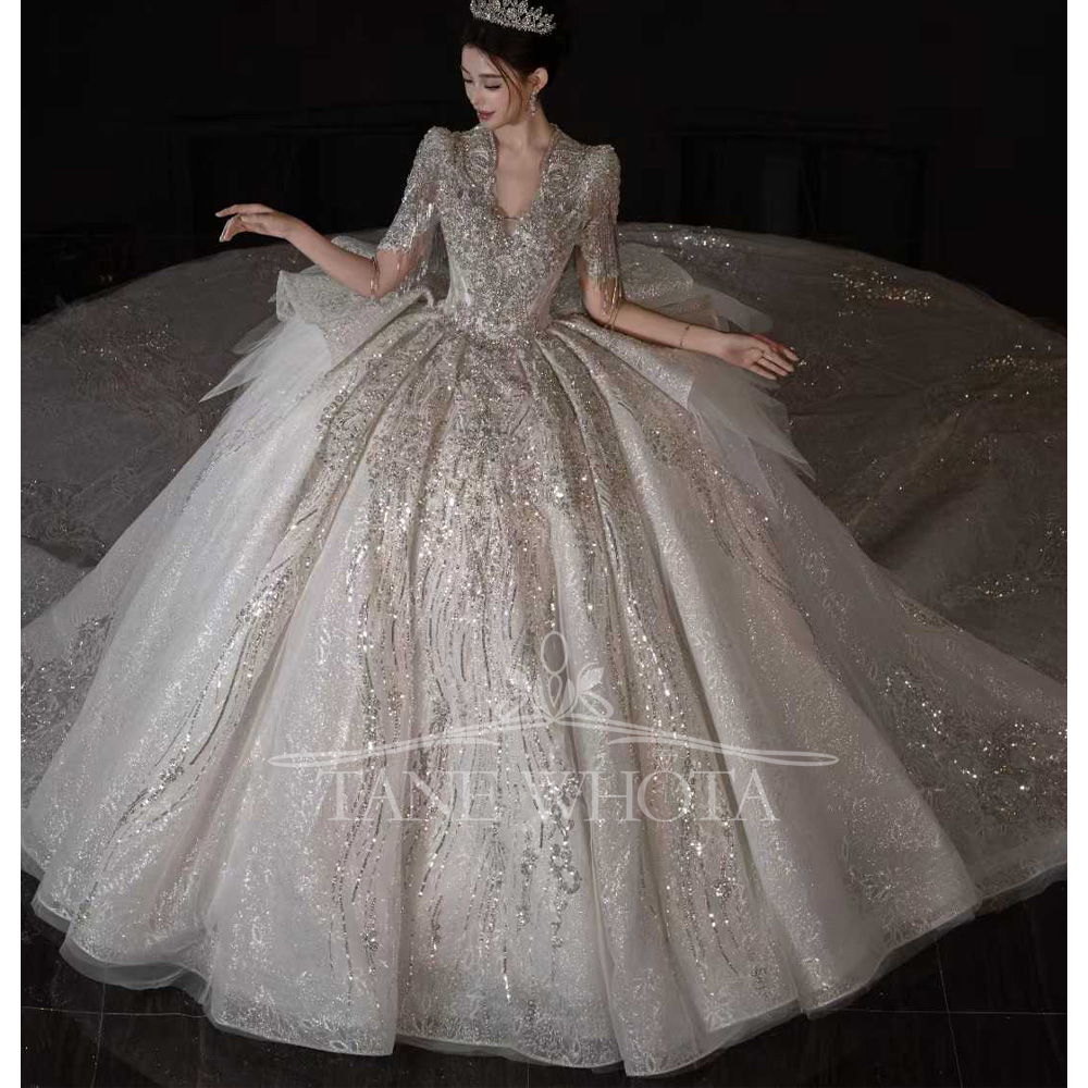 高級スカラップショートスリーブビーズスパンコールボールガウン - Embroidery Organza のレビューと価格