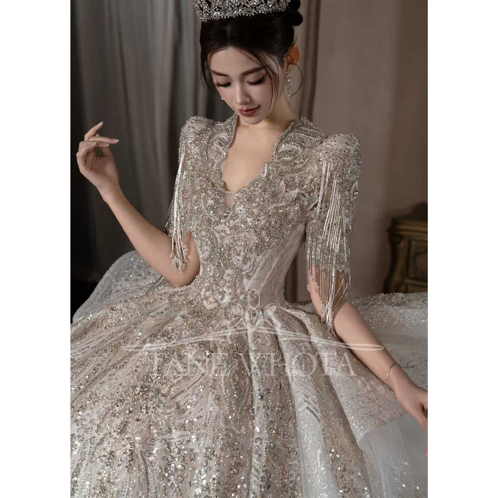 高級スカラップショートスリーブビーズスパンコールボールガウン - Embroidery Organza のレビューと価格