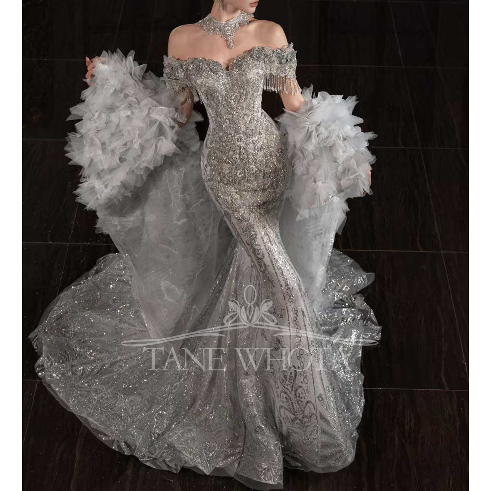 恋人オフショルダー刺繍ビーズスパンコールクリスタルシースウェ - Embroidery Organza のレビューと価格