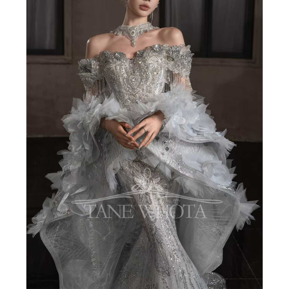 恋人オフショルダー刺繍ビーズスパンコールクリスタルシースウェ - Embroidery Organza のレビューと価格