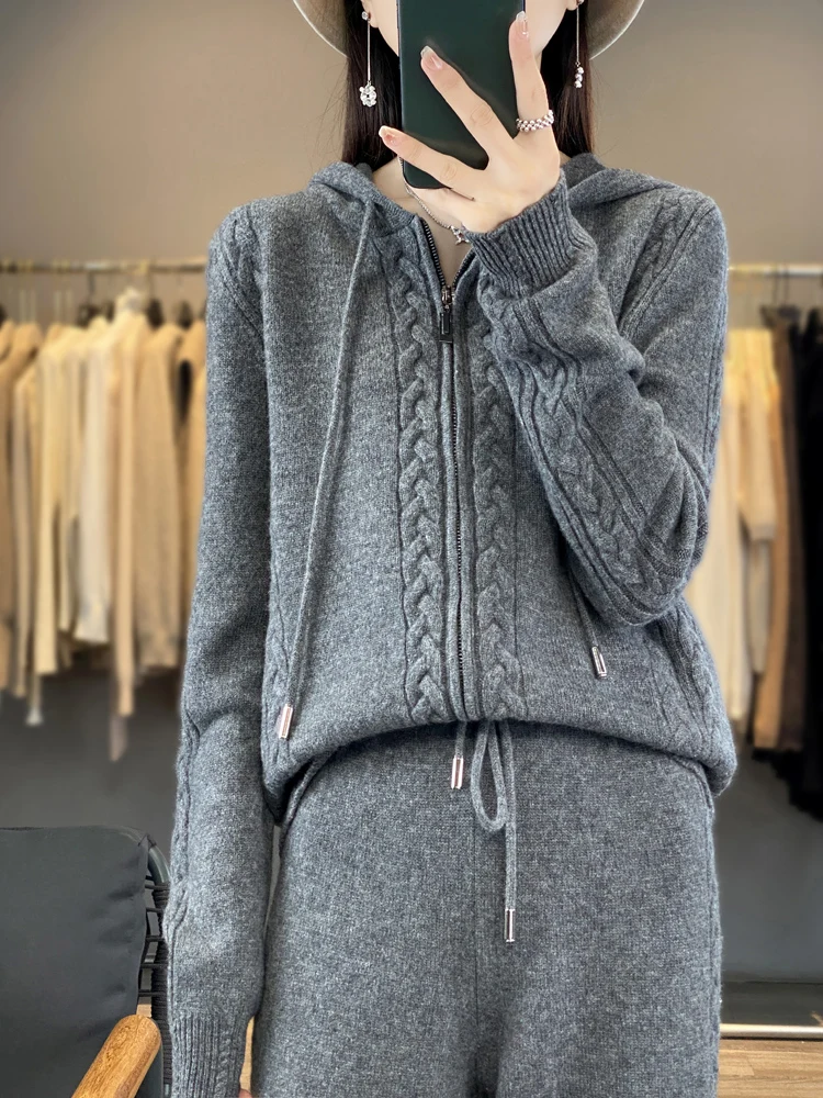 レディースピュアカシミヤフード付きカーディガン2点セット、ツ - Embroidery Zip Up Hoodie のレビューと価格