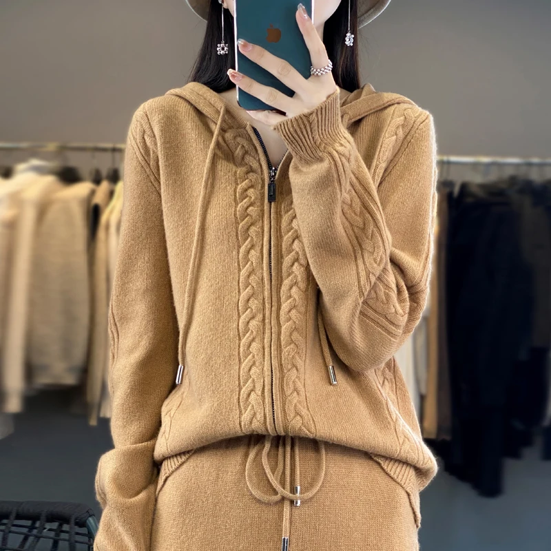 レディースピュアカシミヤフード付きカーディガン2点セット、ツ - Embroidery Zip Up Hoodie のレビューと価格