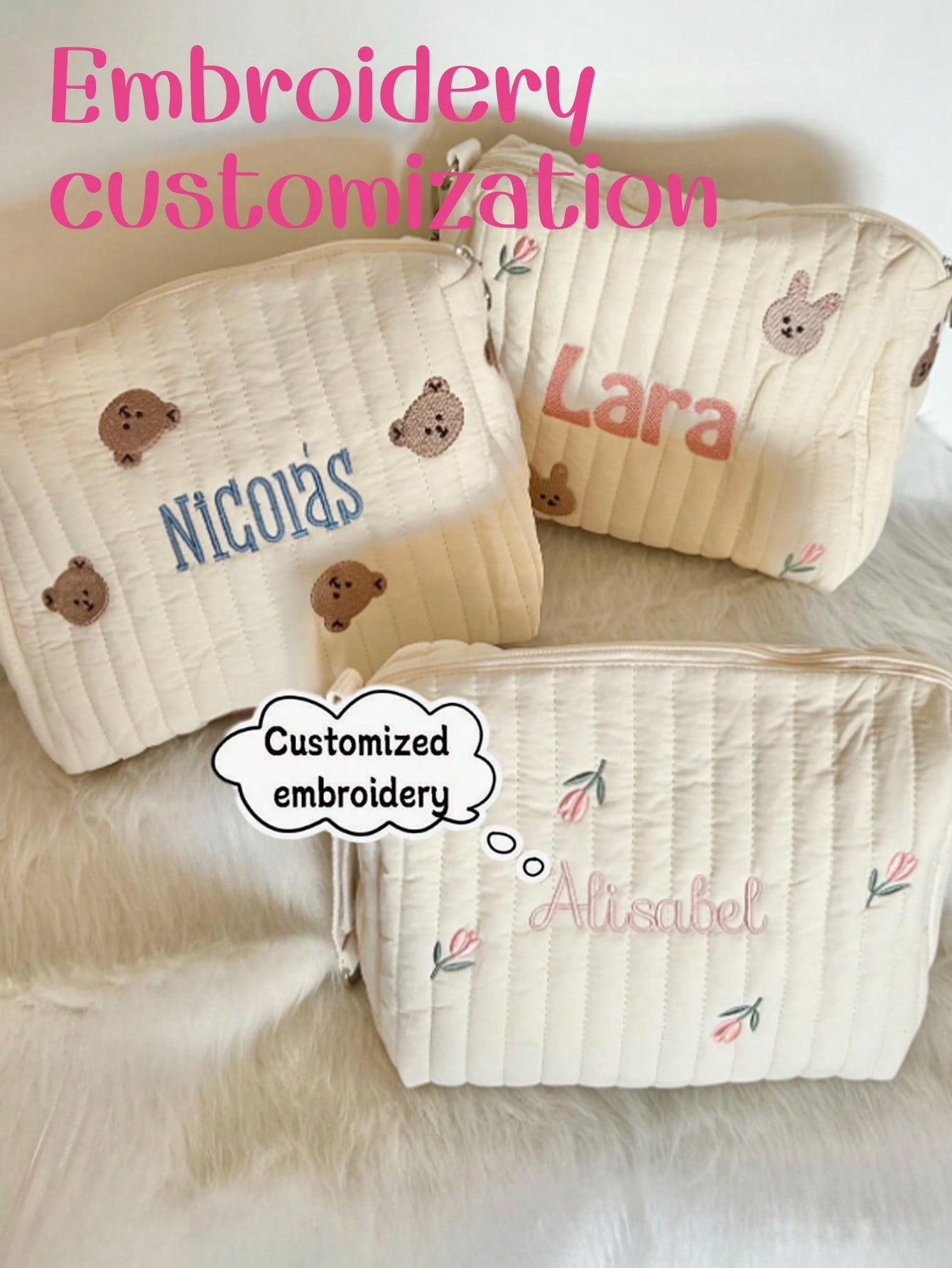カスタム名刺繍ベビーおむつバッグキルティング収納ポーチかわい - Embroidery And Quilting のレビューと価格