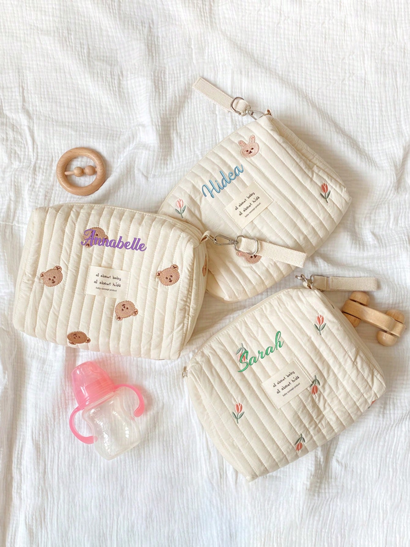 カスタム名刺繍ベビーおむつバッグキルティング収納ポーチかわい - Embroidery And Quilting のレビューと価格